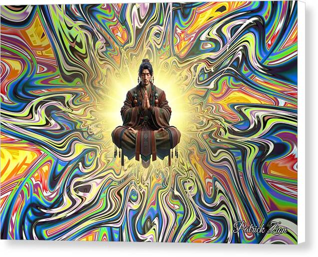 Ethereal Resonance – mystical fractal canvas print by Patrick Zion, white edge version depicting a meditative figure centered in luminous golden energy and radiant flowing colors.