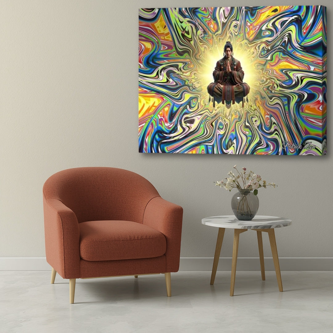 Ethereal Resonance- up close spiritual energy canvas art by Patrick Zion displayed in stylish modern interior, meditative floating figure surrounded by radiant colorful patterns and uplifting mystical ambiance.