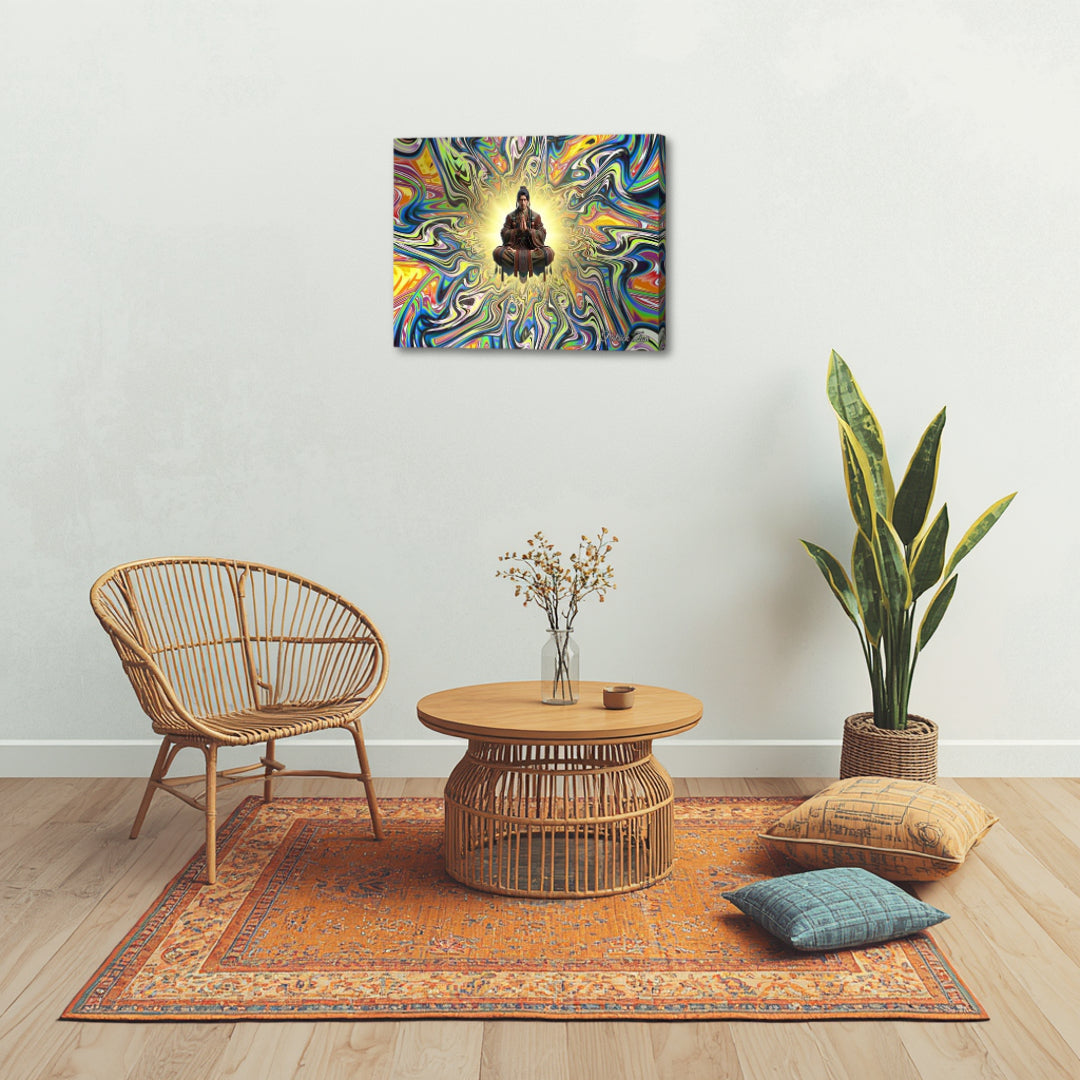 Ethereal Resonance – psychedelic fractal canvas art by Patrick Zion in a boho-style interior, depicting a serene meditative figure surrounded by flowing colorful fractal patterns, symbolizing energy flow, presence, and spiritual awakening.
