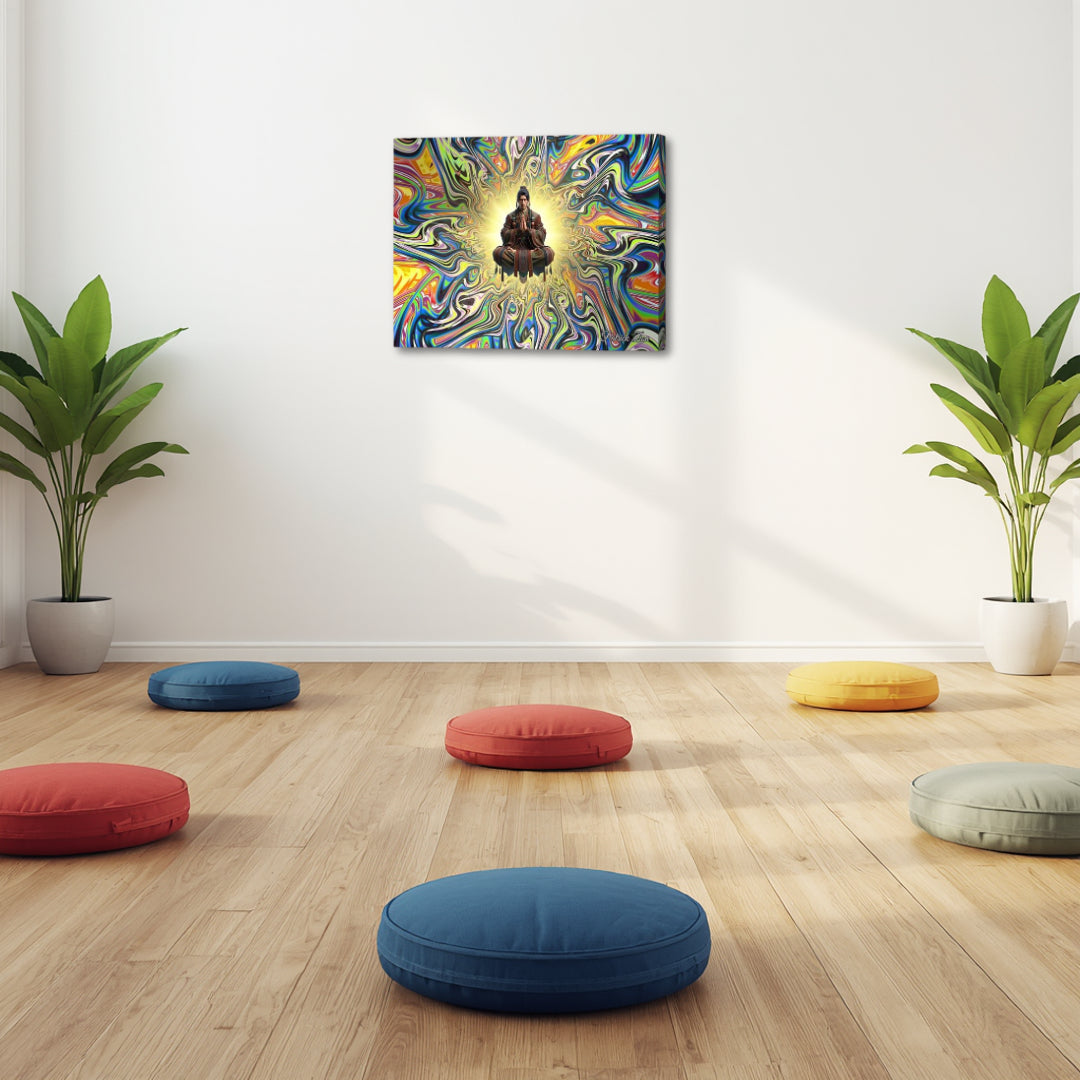 Ethereal Resonance – spiritual fractal canvas art by Patrick Zion in a minimalist yoga studio, featuring a glowing meditative figure radiating through vibrant fractal energy fields, representing mindfulness, alignment, and elevated awareness.