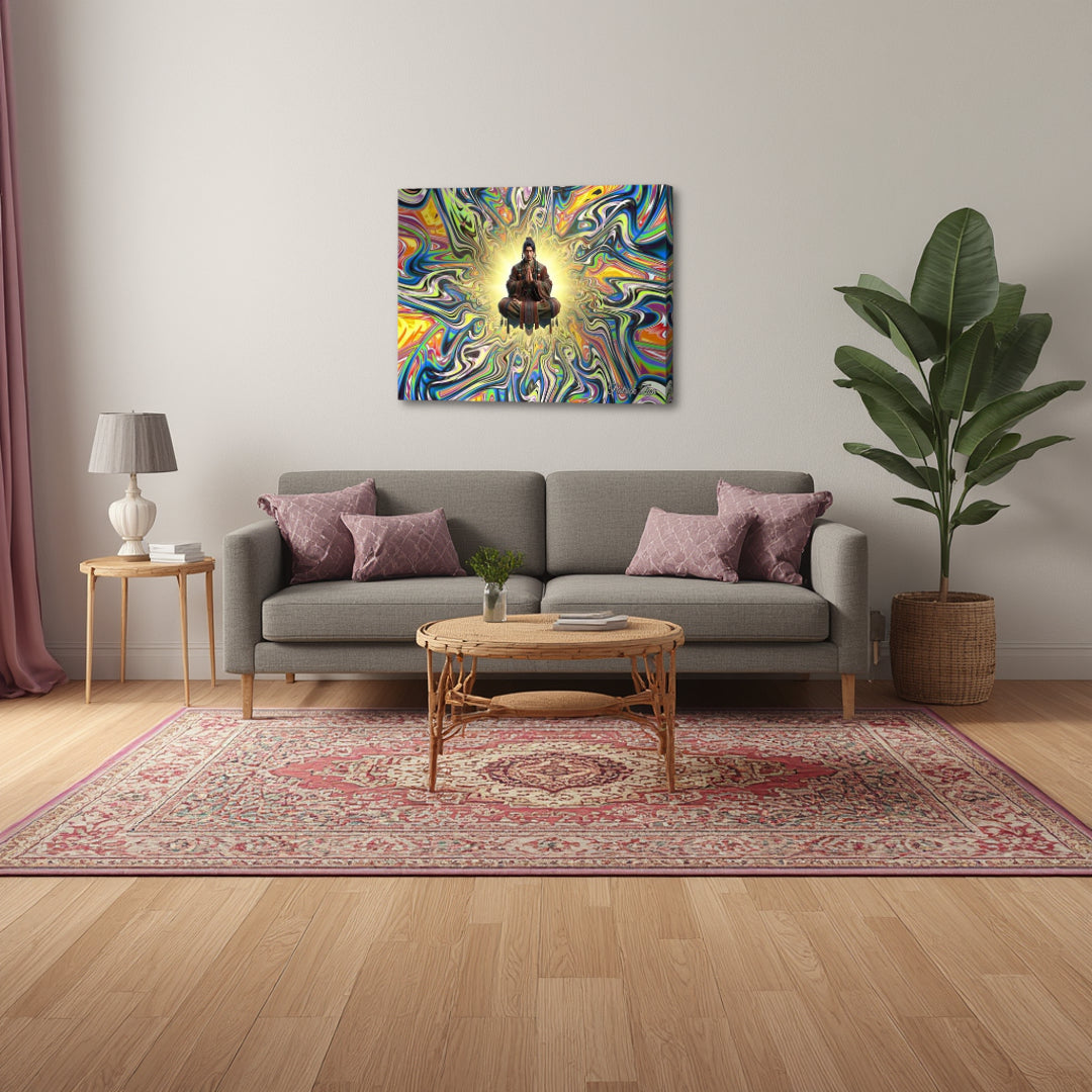 Ethereal Resonance – spiritual fractal canvas art by Patrick Zion displayed in a modern living room, featuring a meditative figure surrounded by radiant multicolored fractal waves, symbolizing inner harmony, balance, and universal connection.
