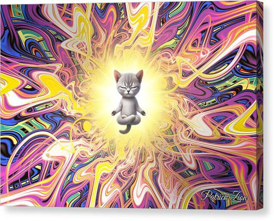 Feline Mystic in Psychedelic Fractal Aura – visionary psychedelic canvas print by Patrick Zion, mirrored edge version depicting a levitating cat bathed in rainbow light, symbolizing calm awareness and playful enlightenment.