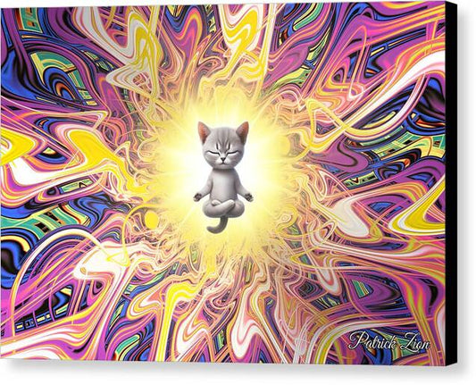 Feline Mystic in Psychedelic Fractal Aura – trippy fractal art by Patrick Zion, black edge version featuring a meditating cat glowing within a vibrant field of swirling cosmic colors and light.