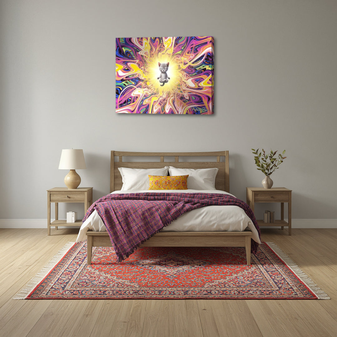 Feline Mystic canvas wall art by Patrick Zion displayed above a modern wooden bed in a cozy bedroom. The artwork features a meditating cat surrounded by radiant golden light and vibrant psychedelic fractal patterns, creating an atmosphere of tranquility, mindfulness, spiritual awakening, and playful mysticism.