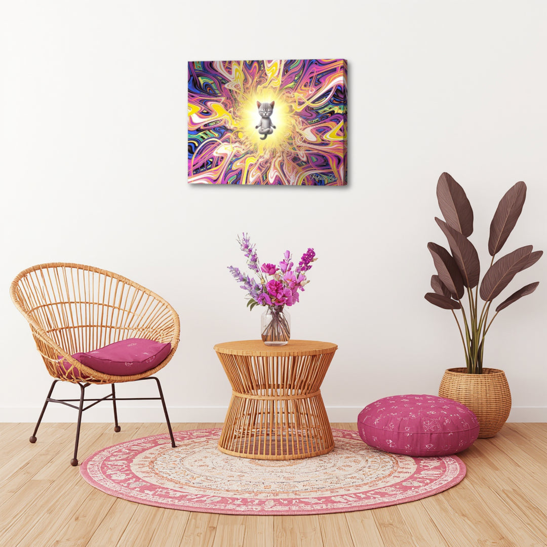 Feline Mystic canvas wall art by Patrick Zion displayed in a serene boho meditation corner featuring a wicker chair, round pink rug, floor cushion, and decorative plant. The artwork depicts a meditating cat radiating golden light amid colorful psychedelic fractal patterns, creating a playful yet deeply spiritual atmosphere of mindfulness, inner peace, and awakening.