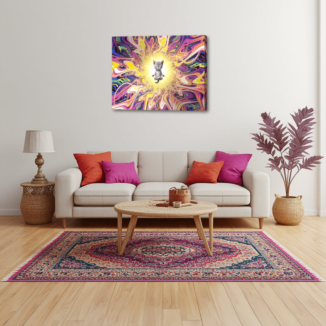 Feline Mystic canvas wall art by Patrick Zion displayed above a modern living room sofa. The artwork depicts a meditating cat surrounded by radiant golden light and vibrant psychedelic fractal patterns, symbolizing inner peace, intuition, mindfulness, and spiritual awakening.