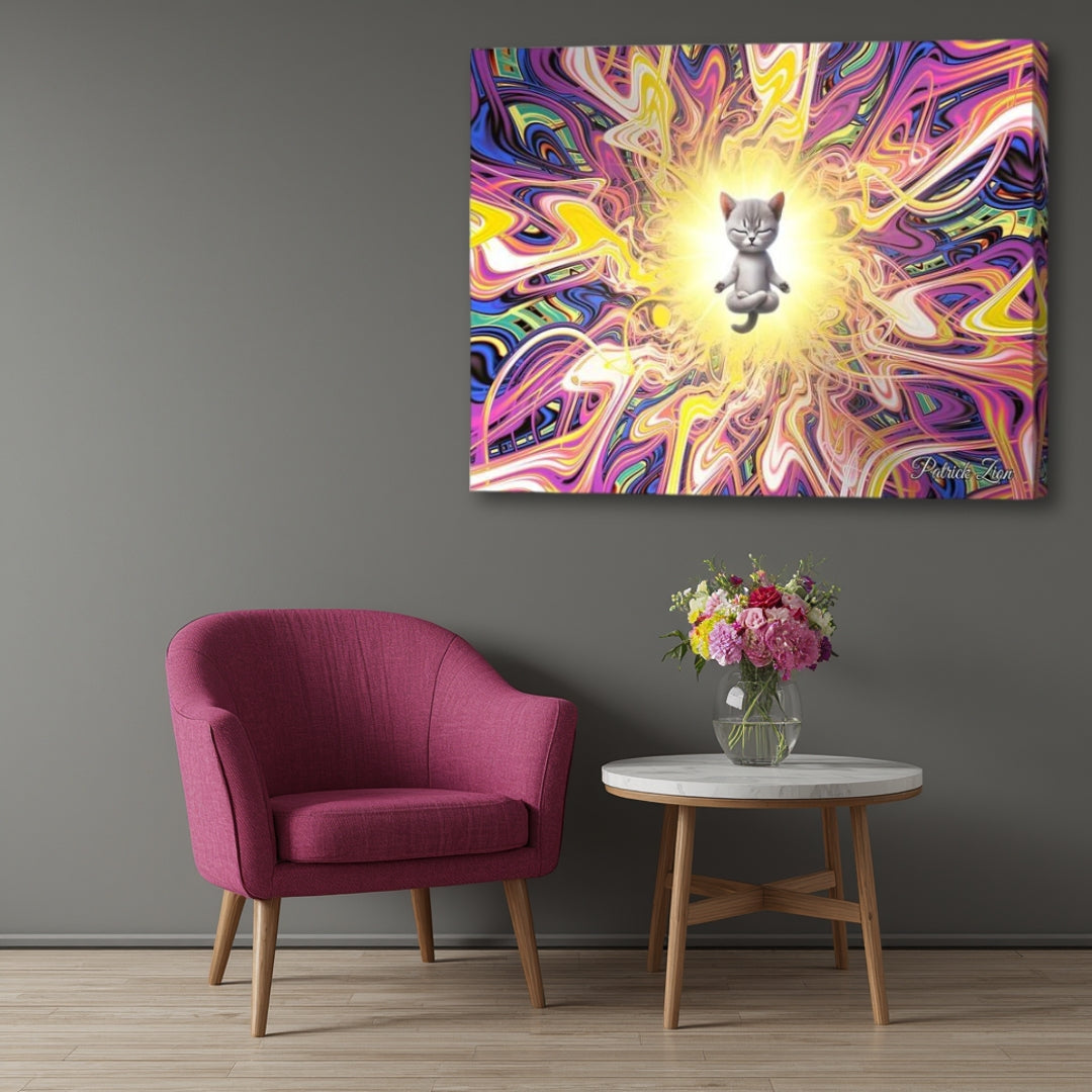 Feline Mystic – whimsical spiritual canvas artwork by Patrick Zion featuring a meditating cat floating within radiant golden light and surrounded by vibrant psychedelic fractal energy. Symbolizing inner peace, curiosity, mindfulness, and playful enlightenment, displayed in a modern interior setting.