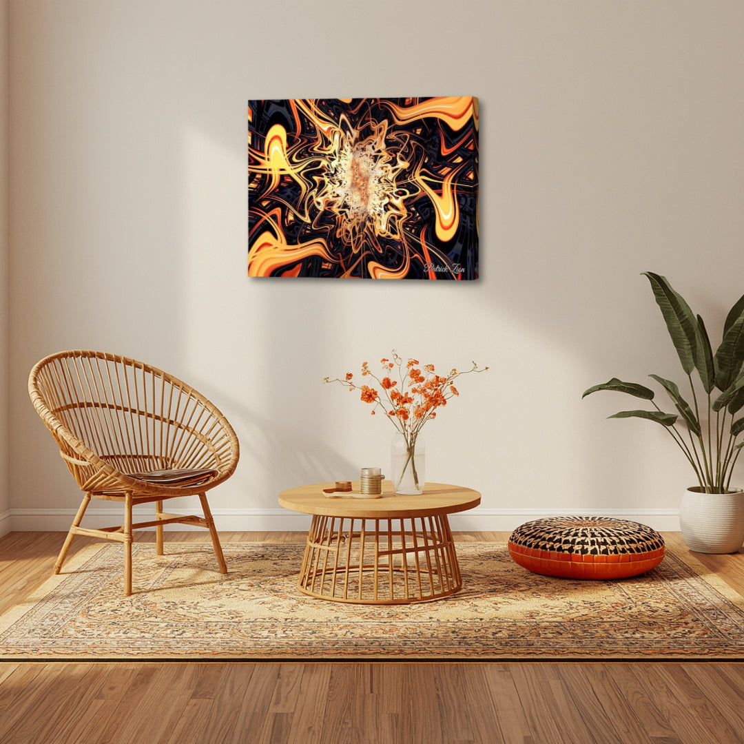 Flames of the Abyss – spiritual fractal canvas art by Patrick Zion displayed in a warm boho-style interior, combining earthy textures with fiery abstract fractal energy, symbolizing balance between grounded nature and inner fire.