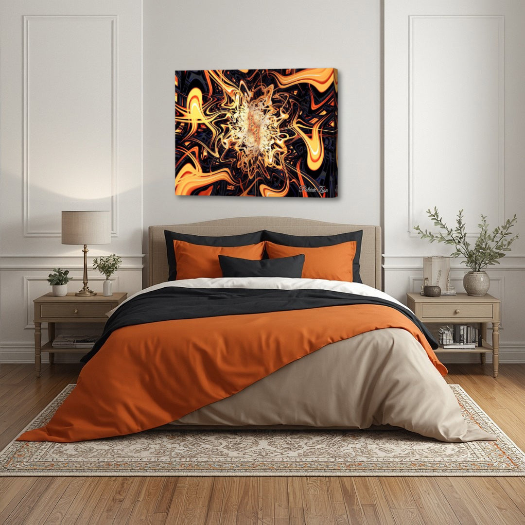 Flames of the Abyss – dark spiritual fractal canvas art by Patrick Zion displayed above a bedroom bed, featuring glowing molten-like fractal patterns emerging from darkness, evoking deep emotion, transformation, and the subconscious mind.