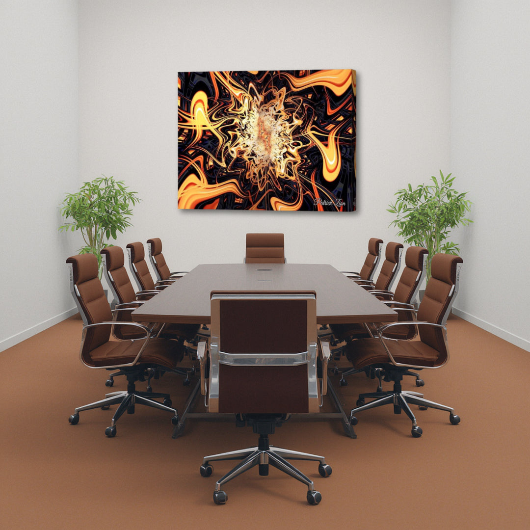 Flames of the Abyss canvas wall art by Patrick Zion displayed above a modern executive conference table in a professional boardroom. The artwork features luminous golden and amber fractal energy flowing through a dark cosmic background, creating a powerful atmosphere of ambition, innovation, focus, transformation, and creative leadership.