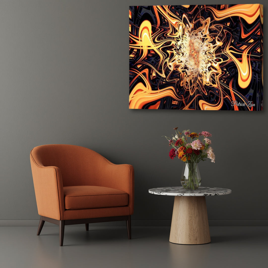 Flames of the Abyss – intense abstract fractal canvas artwork by Patrick Zion displayed in a dark modern interior with an up-close perspective, featuring fiery orange energy streams, glowing molten forms, and chaotic cosmic patterns emerging from a radiant core.