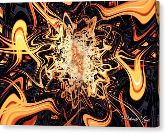 Flames of the Abyss – visionary abstract fractal print by Patrick Zion, mirrored edge version illustrating the dance between destruction and rebirth within the eternal flame.