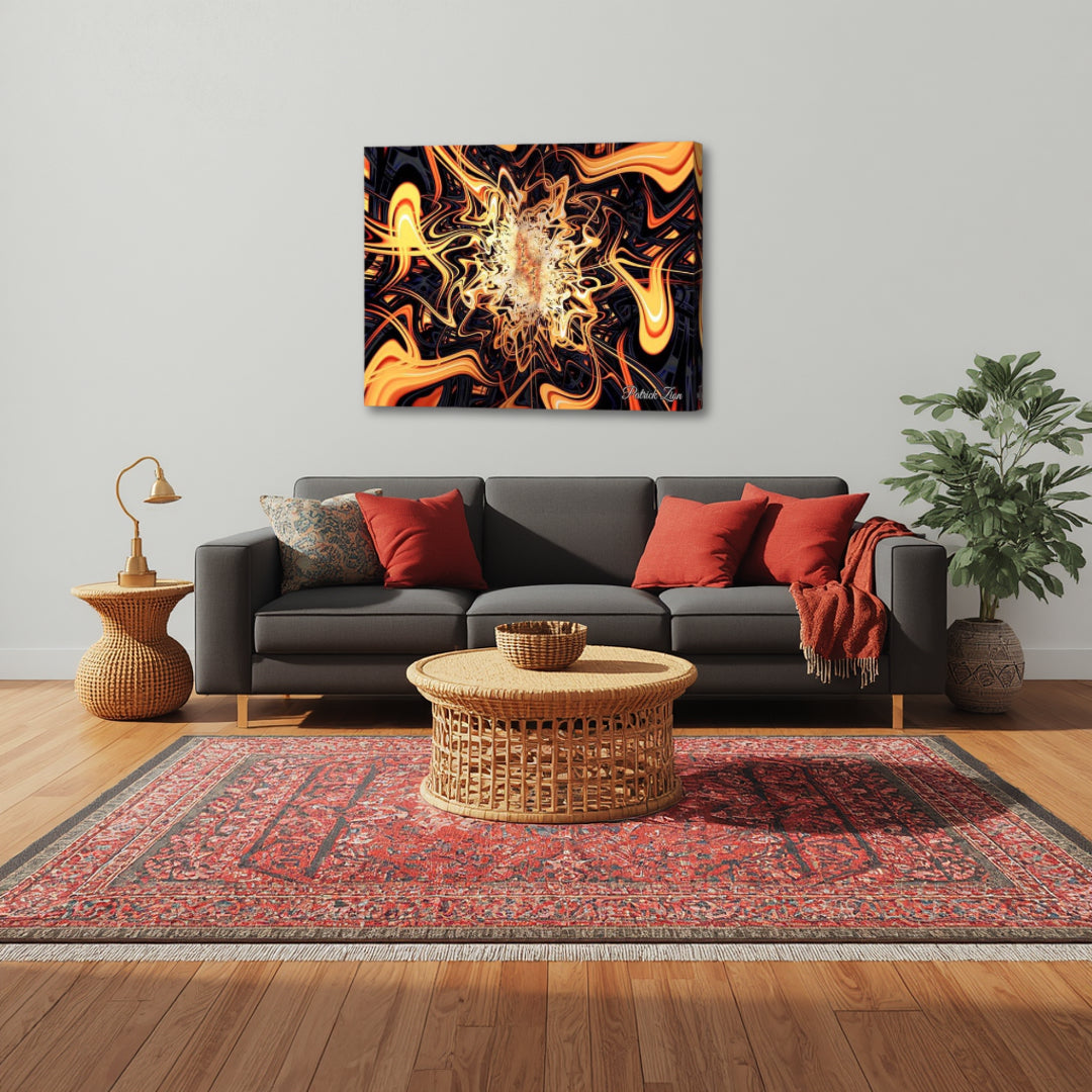 Flames of the Abyss – psychedelic fractal canvas art by Patrick Zion displayed in a modern living room, featuring dynamic swirling fire-like patterns and a radiant core, creating a bold and powerful focal point that evokes energy, intensity, and depth.