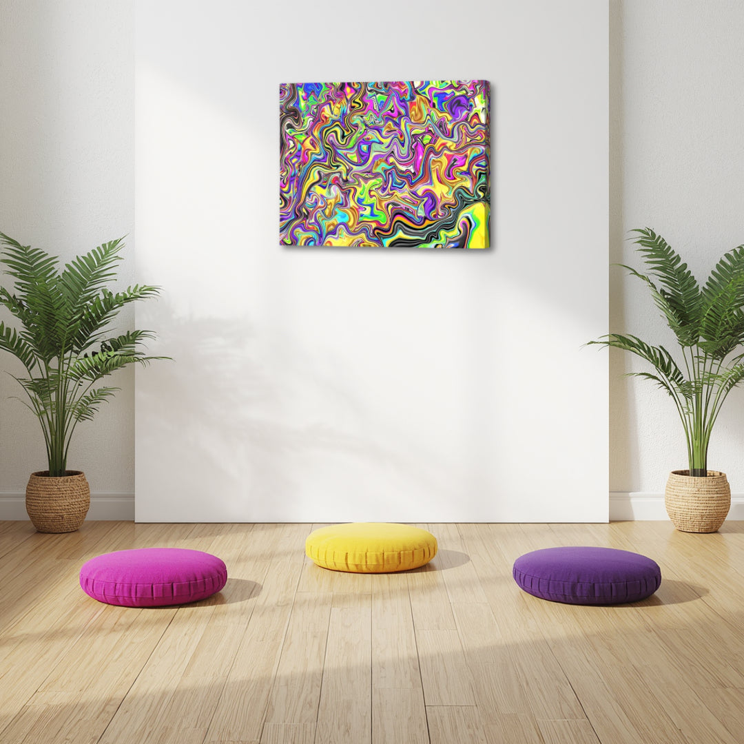 From the Streets by Patrick Zion displayed in a clean meditation space, featuring flowing colorful fractal forms that blend chaotic energy with hypnotic visual rhythm.