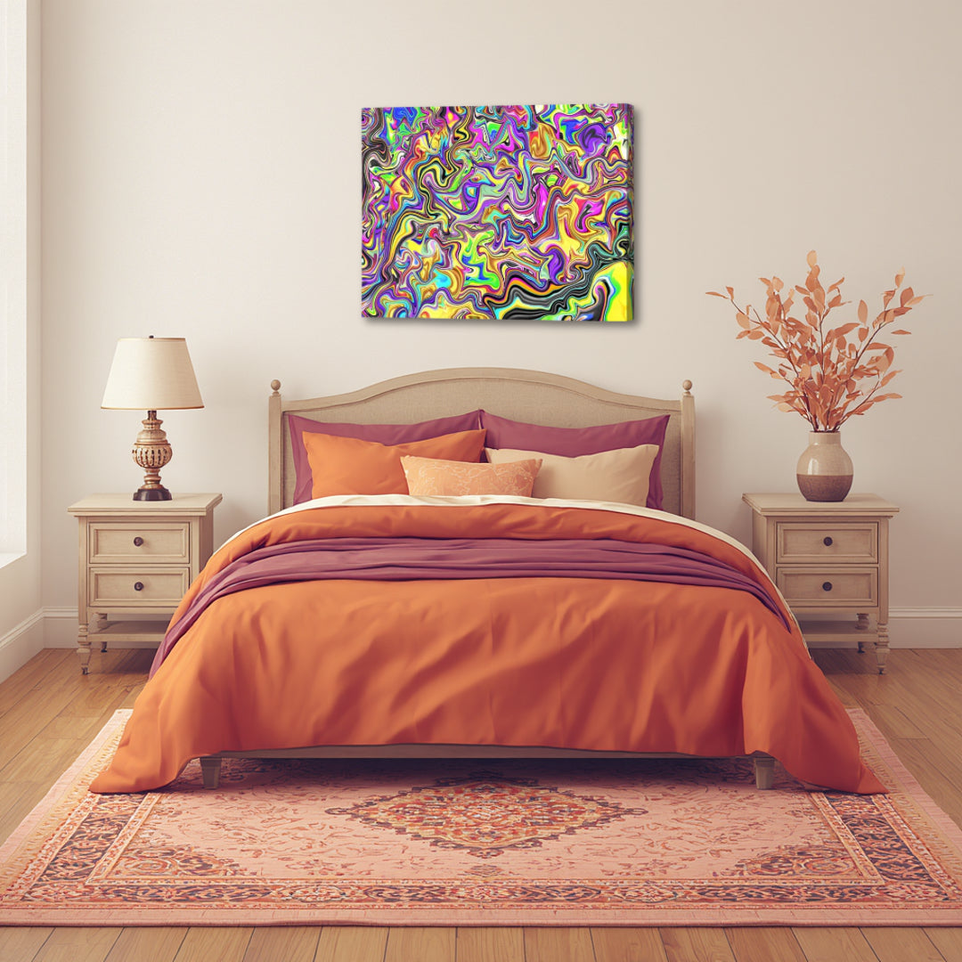 From the Streets artwork by Patrick Zion above a cozy bedroom, showcasing dynamic multicolored fractal textures with a bold, street-inspired abstract aesthetic.