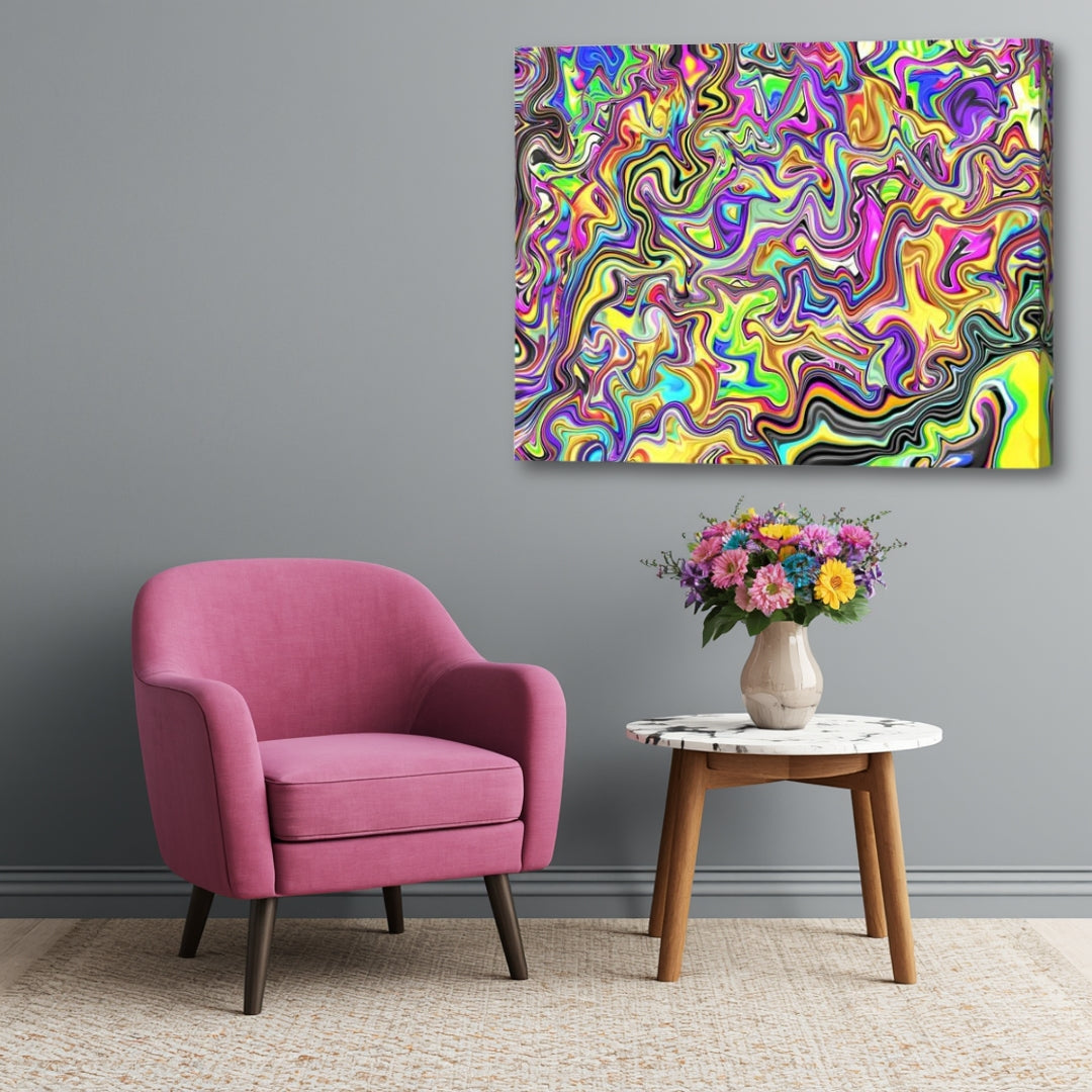 From The Streets – vibrant psychedelic canvas artwork by Patrick Zion displayed in a modern interior with an up-close perspective, featuring flowing graffiti-inspired fractal patterns, colorful urban energy, and dynamic multidimensional abstractions in vivid pink, purple, yellow, and lime green tones.