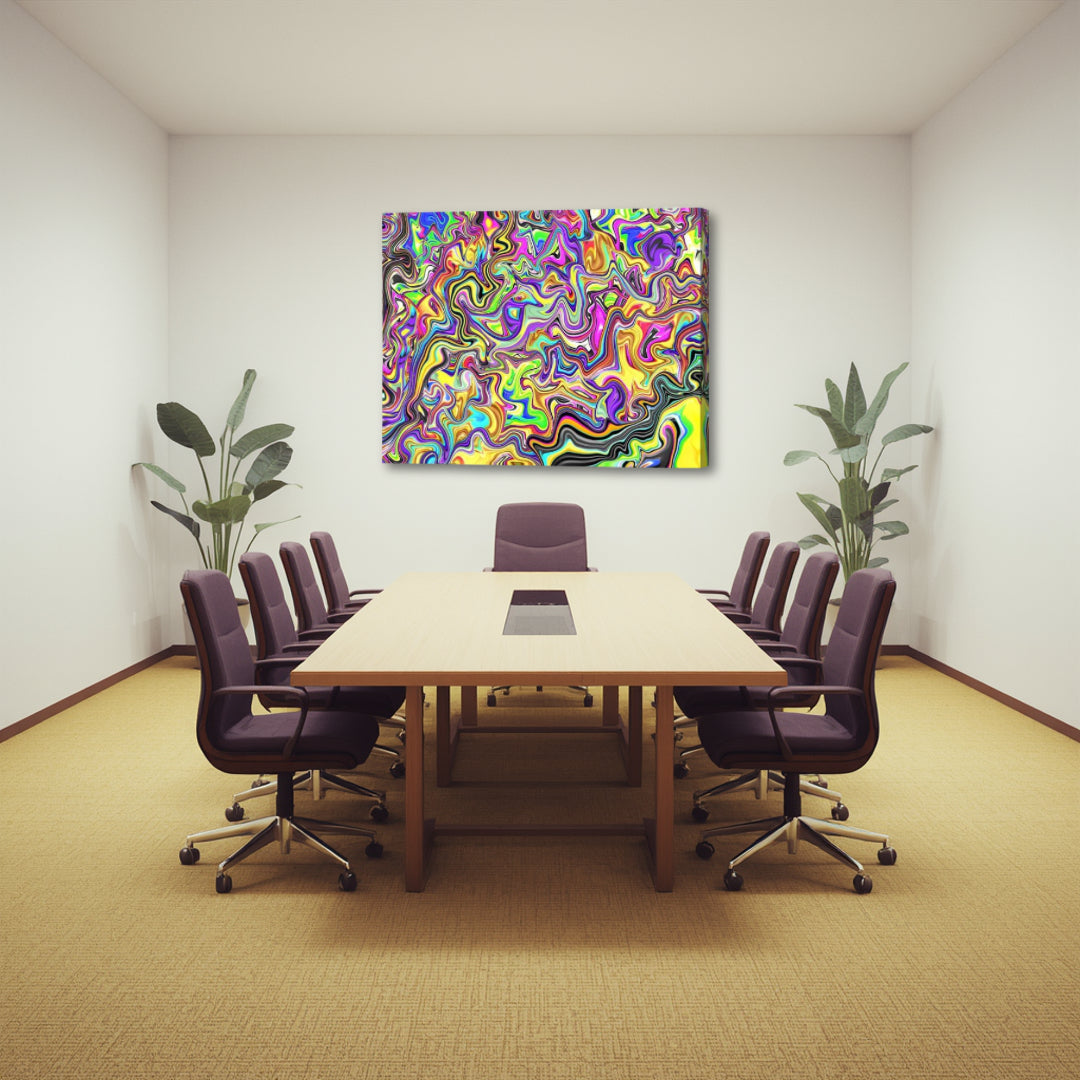 From The Streets canvas wall art by Patrick Zion displayed in a contemporary conference room. The artwork features an energetic abstract fractal composition of flowing neon pink, purple, yellow, lime green, and black forms weaving together like vibrant street murals and urban rhythms. The dynamic design evokes creativity, individuality, movement, cultural expression, and the colorful pulse of city life.
