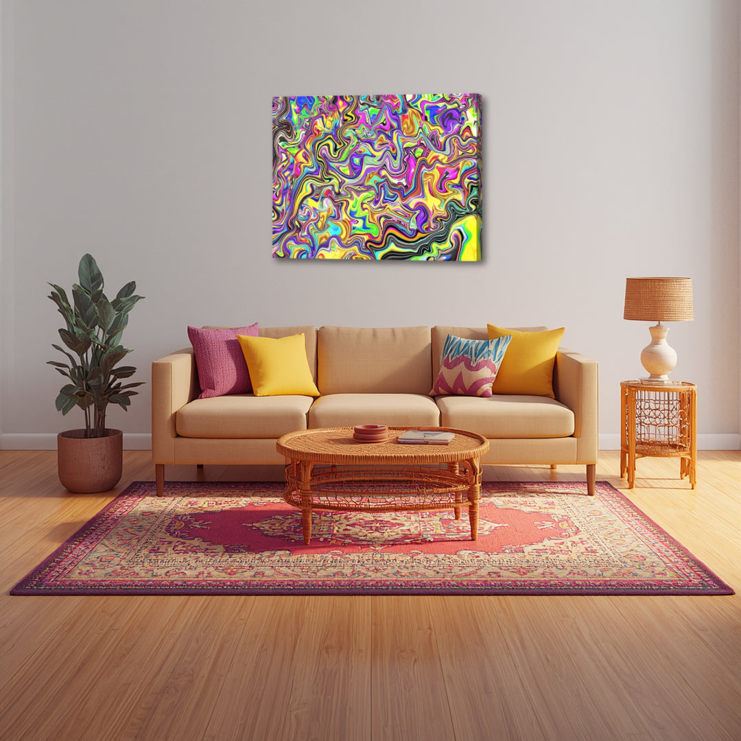 From the Streets by Patrick Zion displayed in a modern living room, featuring vibrant chaotic fractal patterns inspired by urban art and expressive psychedelic color flows.