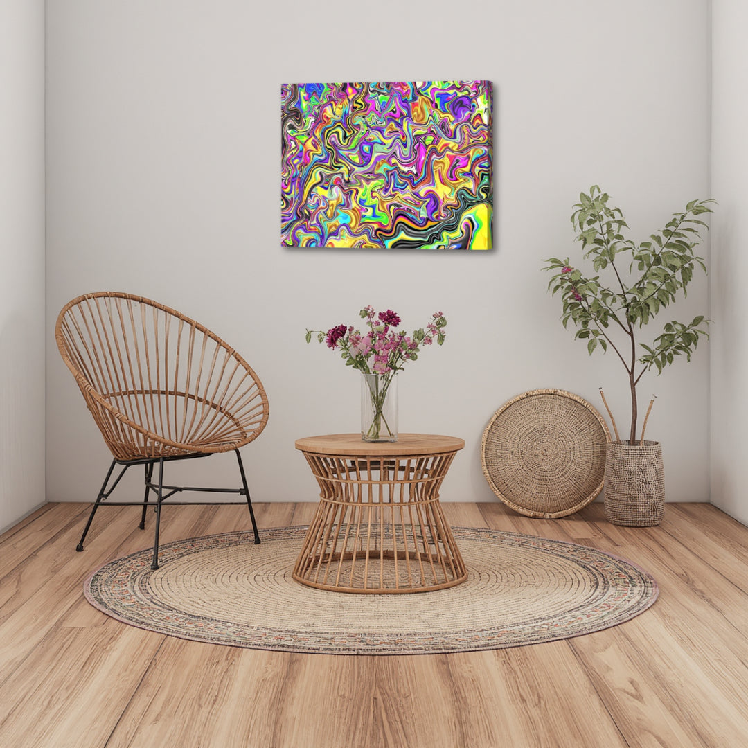 From the Streets by Patrick Zion in a minimalist boho interior, presenting intricate swirling fractal patterns with vibrant colors and a raw, street-art-inspired energy.