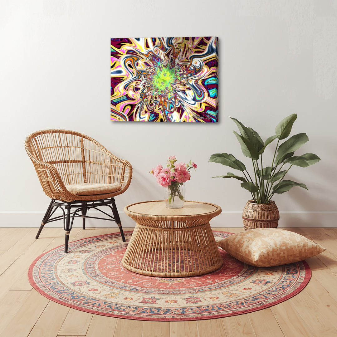 Glimpse of Timelessness artwork by Patrick Zion styled in a boho minimal corner, where organic textures meet vibrant abstract fractal motion and a soft, grounded atmosphere.
