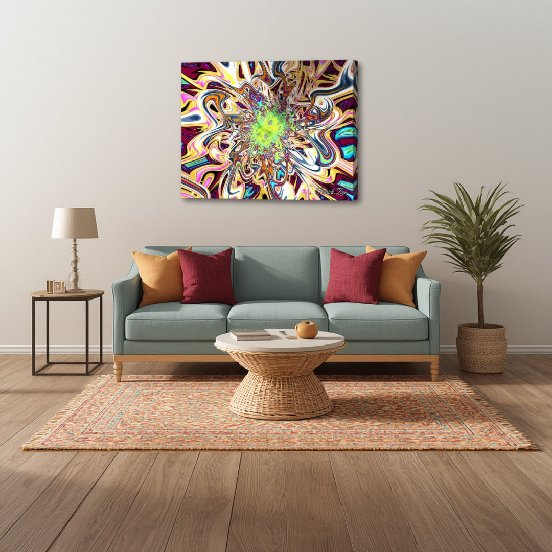 Glimpse of Timelessness by Patrick Zion featured in a modern living room, where colorful abstract fractal forms create a dynamic yet harmonious focal point within a relaxed interior.