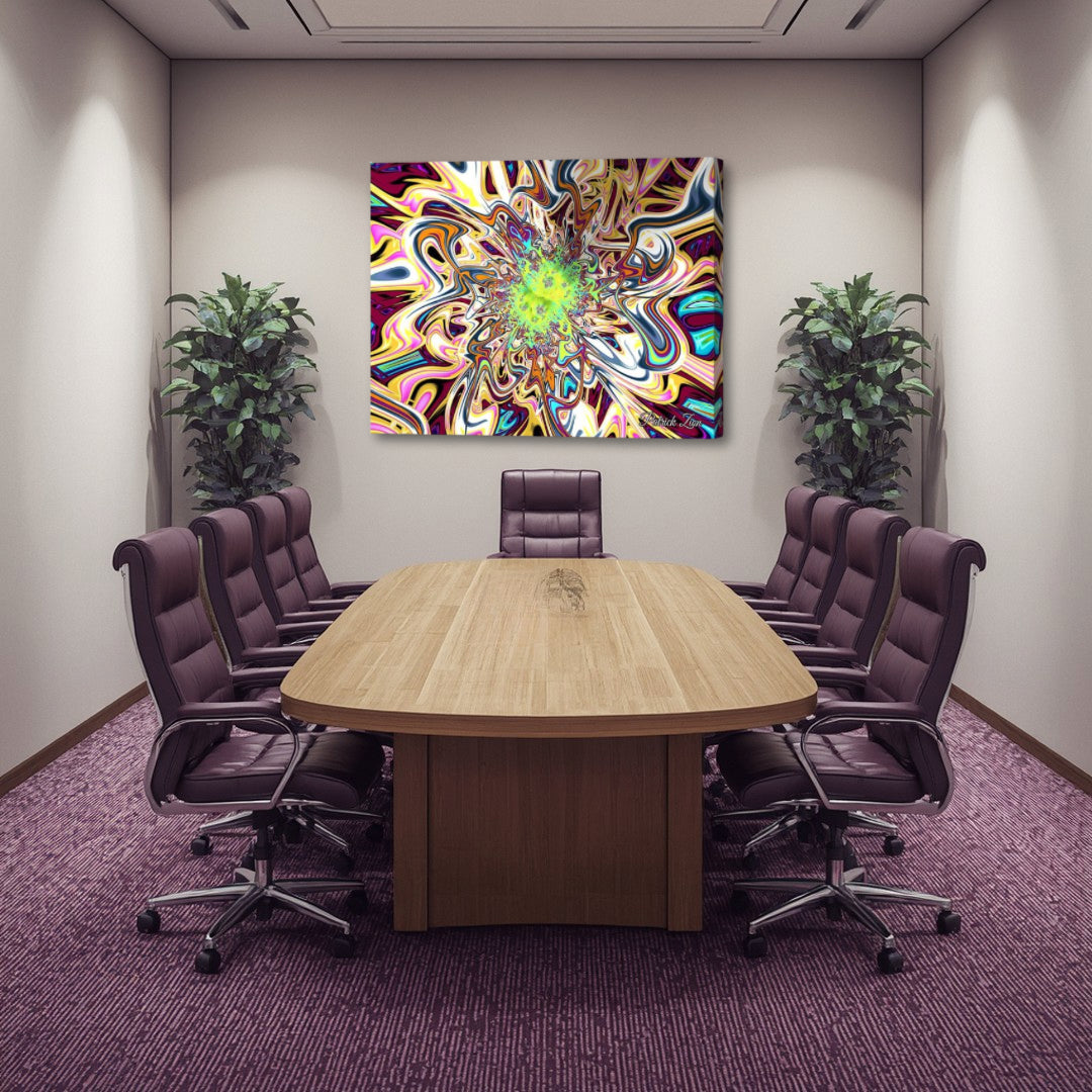 Glimpse of Timelessness canvas wall art by Patrick Zion displayed above a modern executive conference table in a professional boardroom. The artwork features vibrant swirling fractal forms radiating from a luminous green center surrounded by flowing purple, gold, blue, and white tones, creating an atmosphere of inspiration, innovation, expanded awareness, and visionary thinking in the workplace.