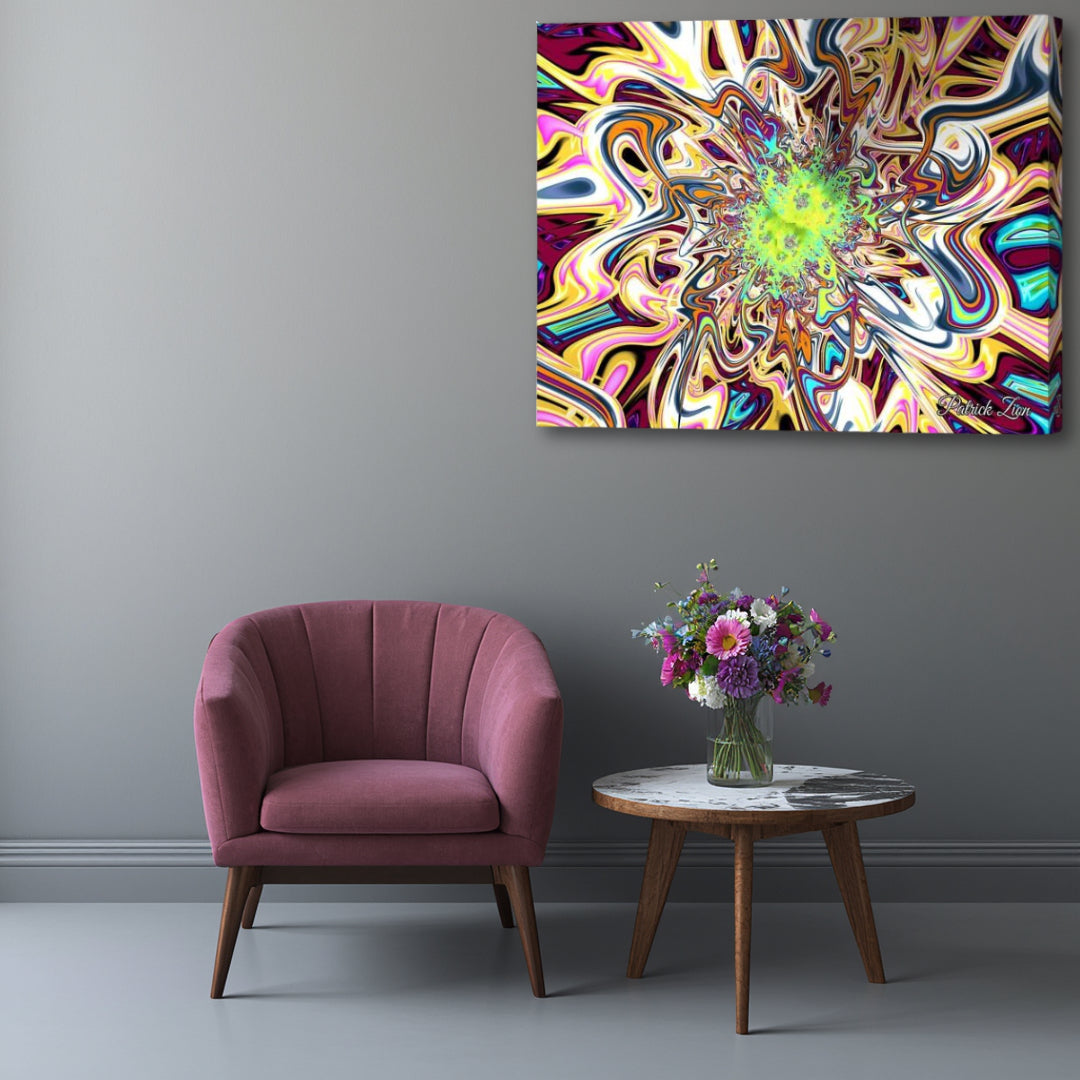Glimpse of Timelessness – visionary fractal canvas artwork by Patrick Zion displayed in a modern lounge with an up-close perspective, featuring radiant flowing abstractions, luminous cosmic energy, and vibrant psychedelic patterns expanding from a glowing center.