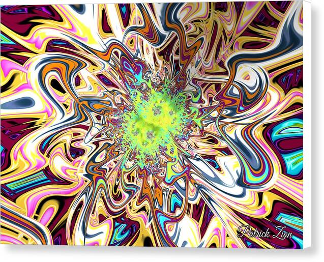 Glimpse of Timelessness – visionary fractal artwork by Patrick Zion, white edge canvas version showcasing an explosion of color and light swirling around a radiant green core, evoking the infinite present beyond space and time.