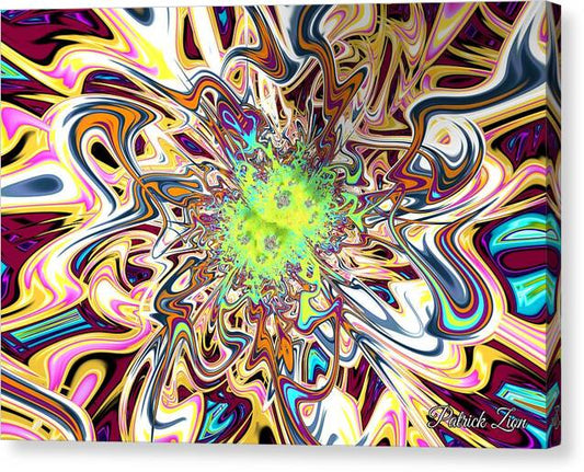 Glimpse of Timelessness – spiritual fractal canvas art by Patrick Zion, mirrored edge version capturing a kaleidoscopic burst of color and motion representing consciousness suspended in eternal flow.