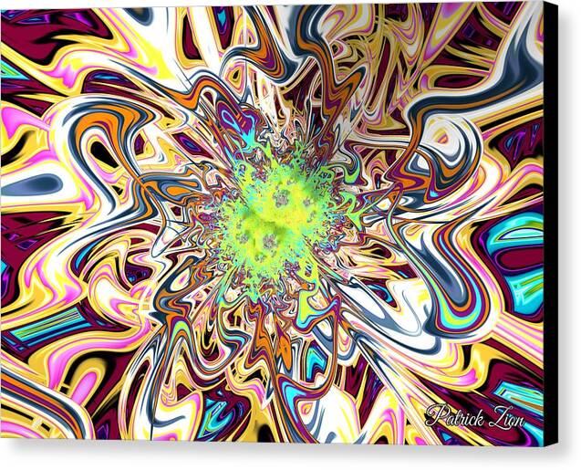 Glimpse of Timelessness – visionary fractal art by Patrick Zion, black edge version featuring an explosion of color and light swirling around a radiant green core symbolizing the infinite now beyond space and time.