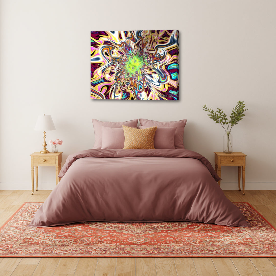 Glimpse of Timelessness by Patrick Zion above a cozy bedroom setting, showcasing a luminous fractal explosion with a glowing center that symbolizes presence, infinity, and inner calm.