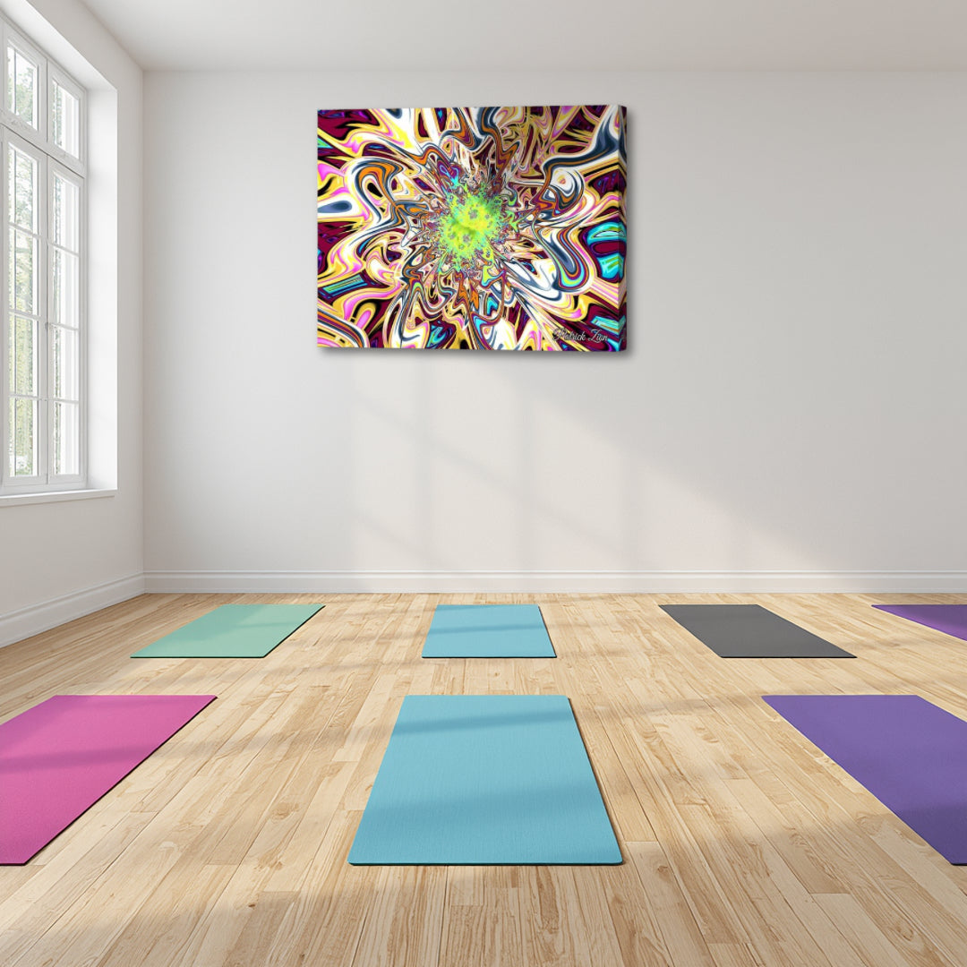 Glimpse of Timelessness by Patrick Zion displayed in a bright yoga studio, featuring a radiant fractal core with flowing abstract patterns that evoke presence, balance, and timeless awareness.