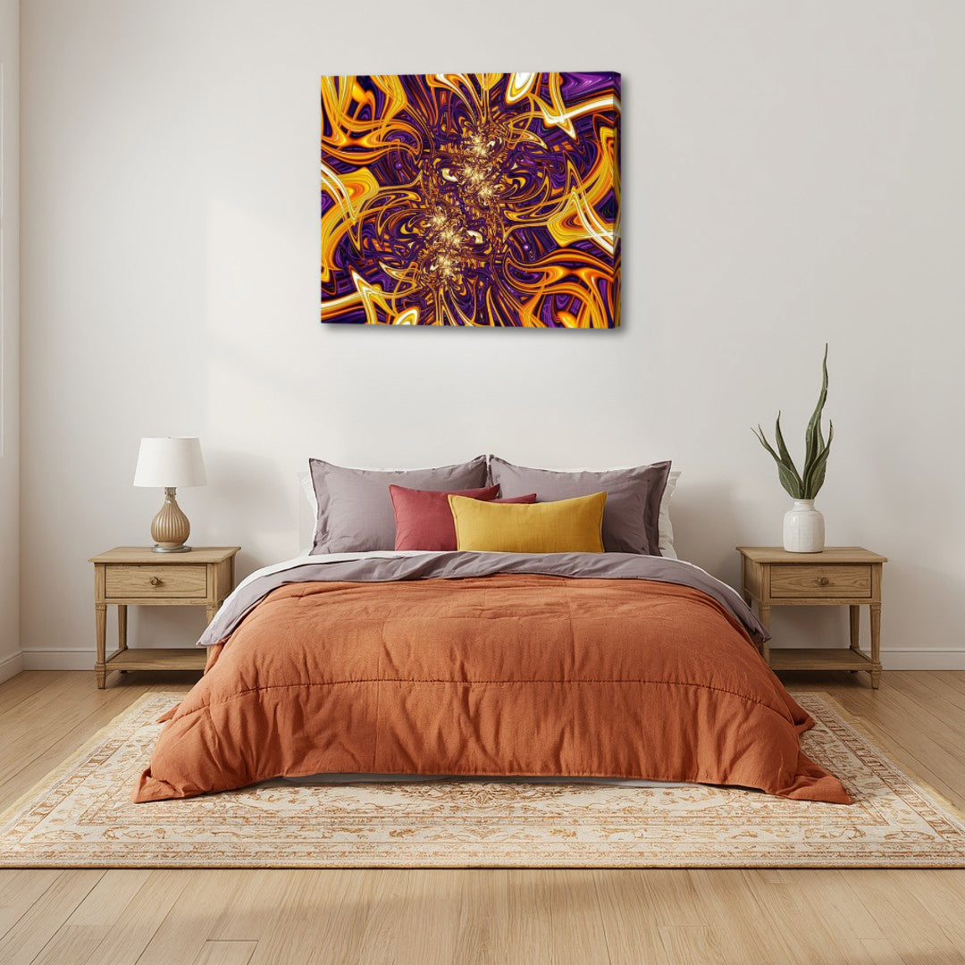 The Gordian Knot by Patrick Zion above a warm bedroom interior, showcasing dense, looping fractal forms that create a sense of mystery, movement, and complexity.