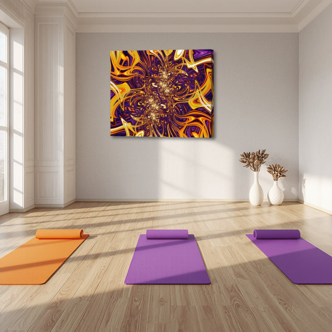 The Gordian Knot by Patrick Zion displayed in a bright yoga studio, featuring intricate, interwoven fractal lines that symbolize complexity, tension, and inner unraveling.
