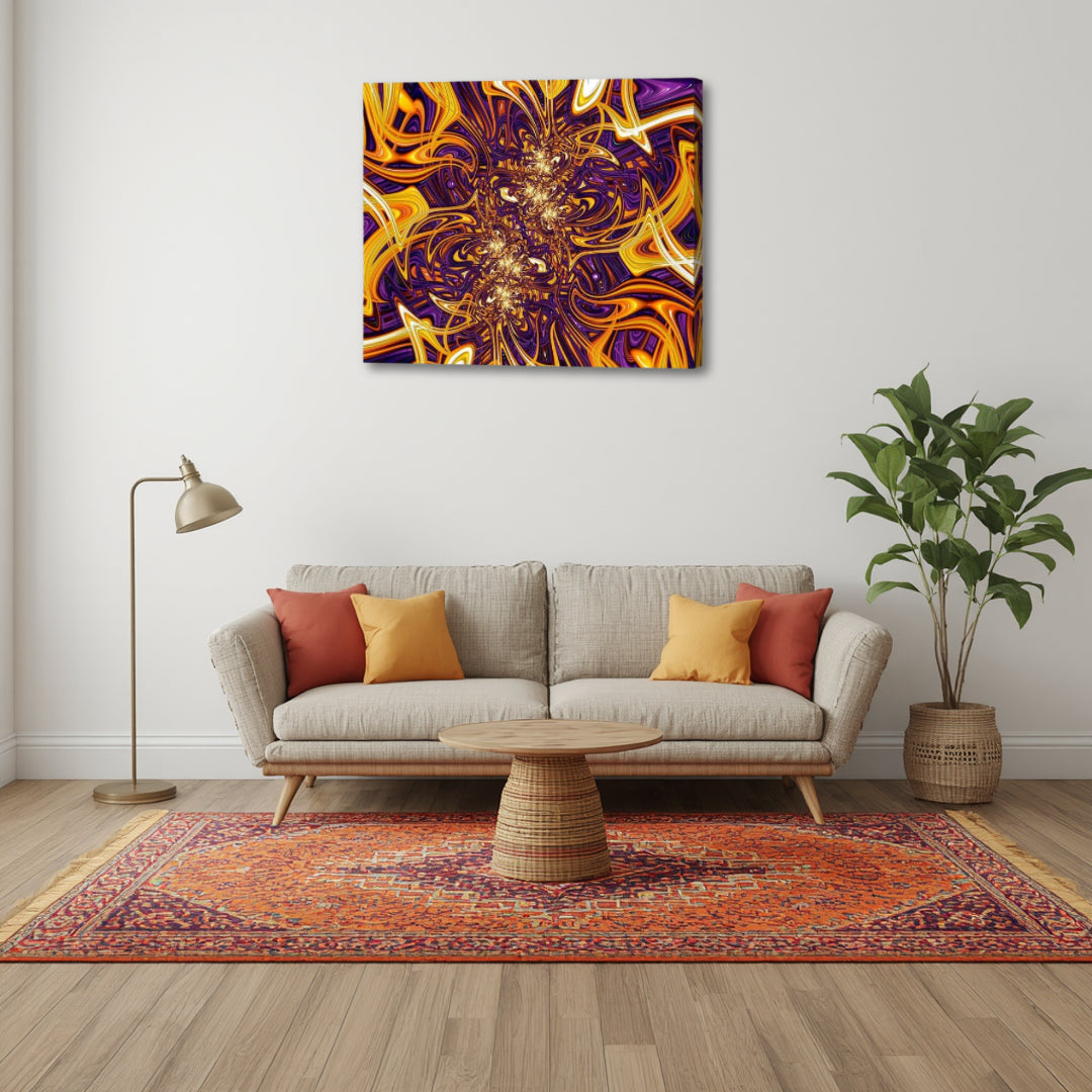 The Gordian Knot by Patrick Zion featured in a modern living room, highlighting intricate, tangled fractal structures that draw the eye into a maze-like visual experience.