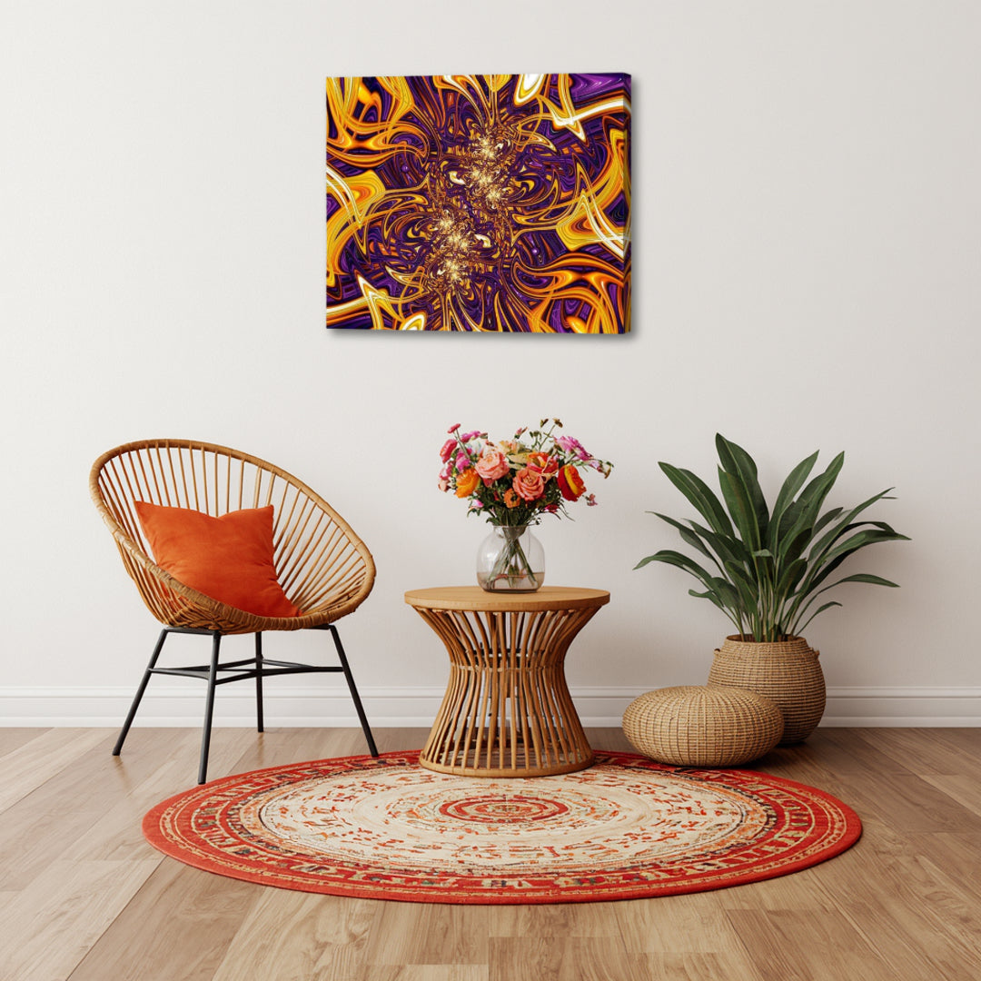 The Gordian Knot artwork by Patrick Zion in a cozy boho setting, where vibrant swirling fractal patterns evoke entanglement, energy flow, and layered depth.