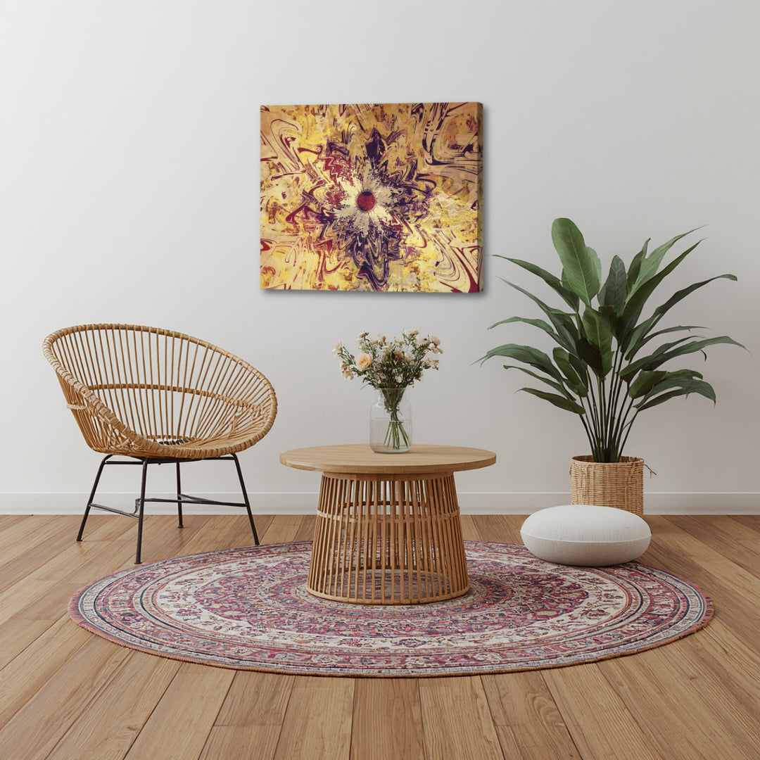 High Noon artwork by Patrick Zion in a warm boho interior, showcasing intricate golden and earthy fractal patterns representing energy, transformation, and grounded spirituality.
