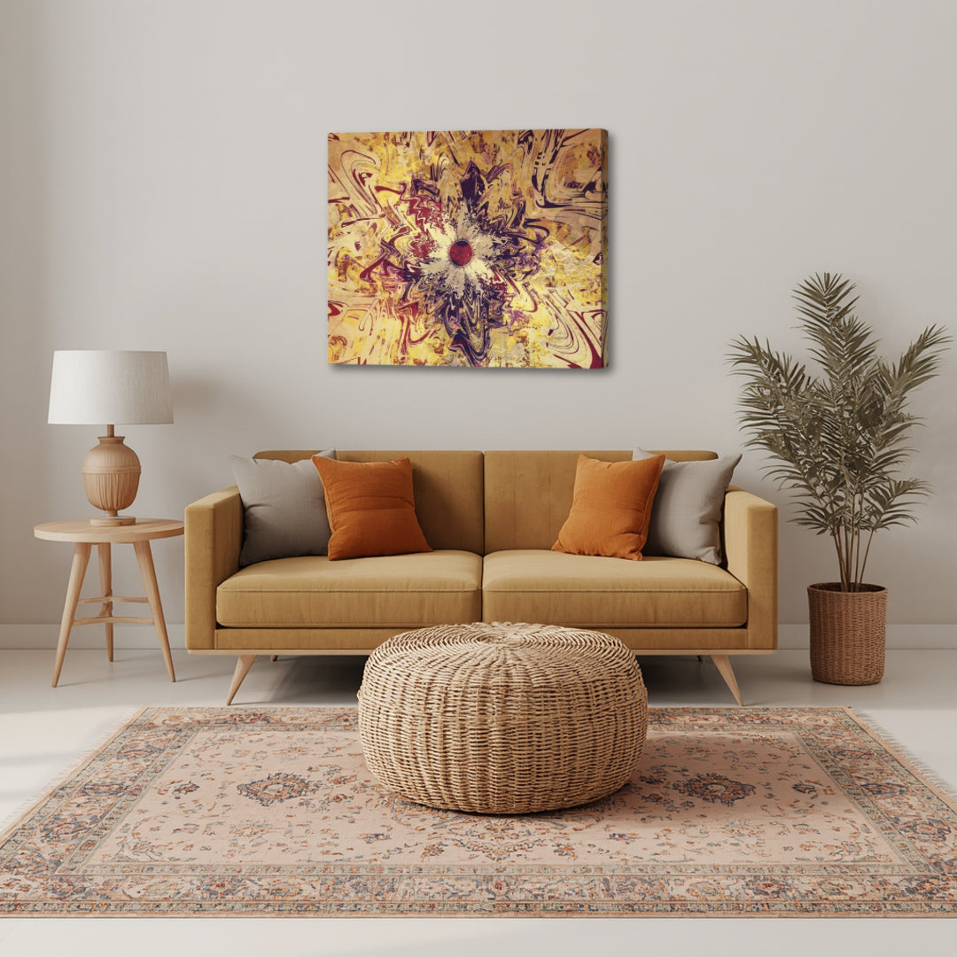 High Noon by Patrick Zion displayed in a modern living room, featuring dynamic golden fractal energy patterns symbolizing vitality, focus, and the power of the present moment.