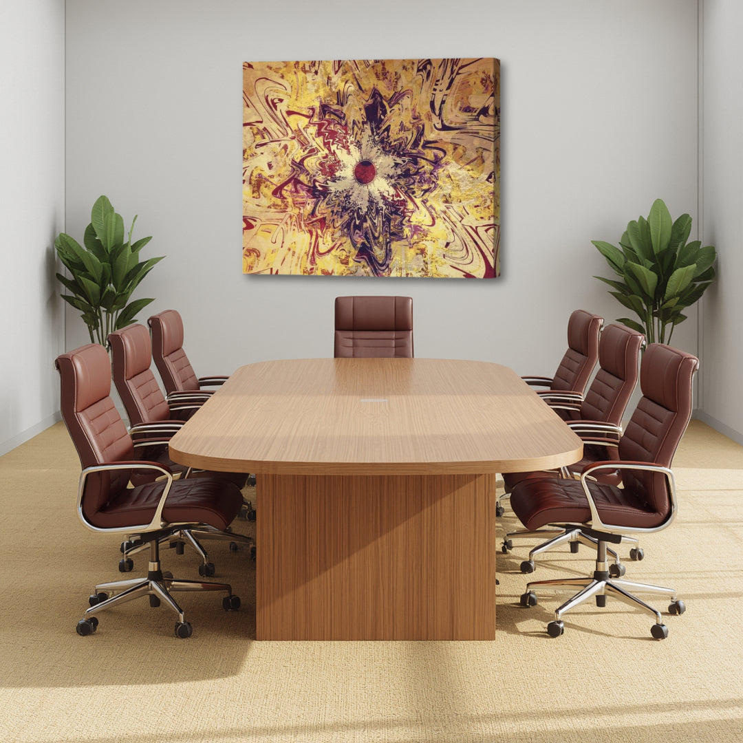High Noon canvas wall art by Patrick Zion displayed in a contemporary conference room. The artwork features a radiant sun-like fractal formation centered around a deep crimson core, surrounded by flowing gold, cream, bronze, and burgundy patterns. The warm abstract composition evokes midday light, vitality, focus, confidence, abundance, and the powerful stillness found at the peak of illumination.