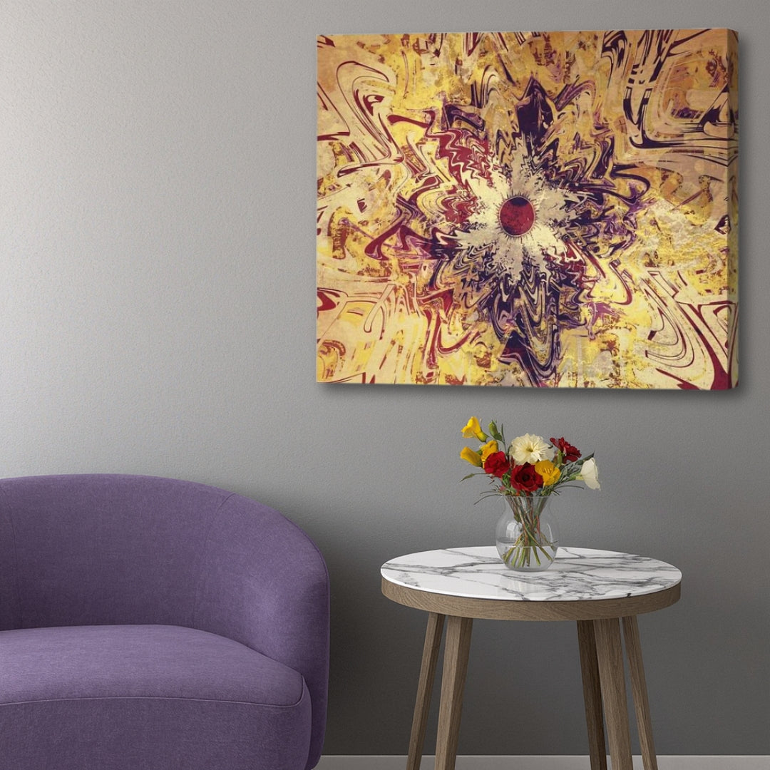 High Noon – abstract fractal canvas artwork by Patrick Zion featuring a radiant crimson sun-like core surrounded by swirling desert-inspired patterns in warm gold, amber, and burgundy tones. Evoking the intensity of midday light, transformation, and timeless western horizons, displayed in a modern interior setting.