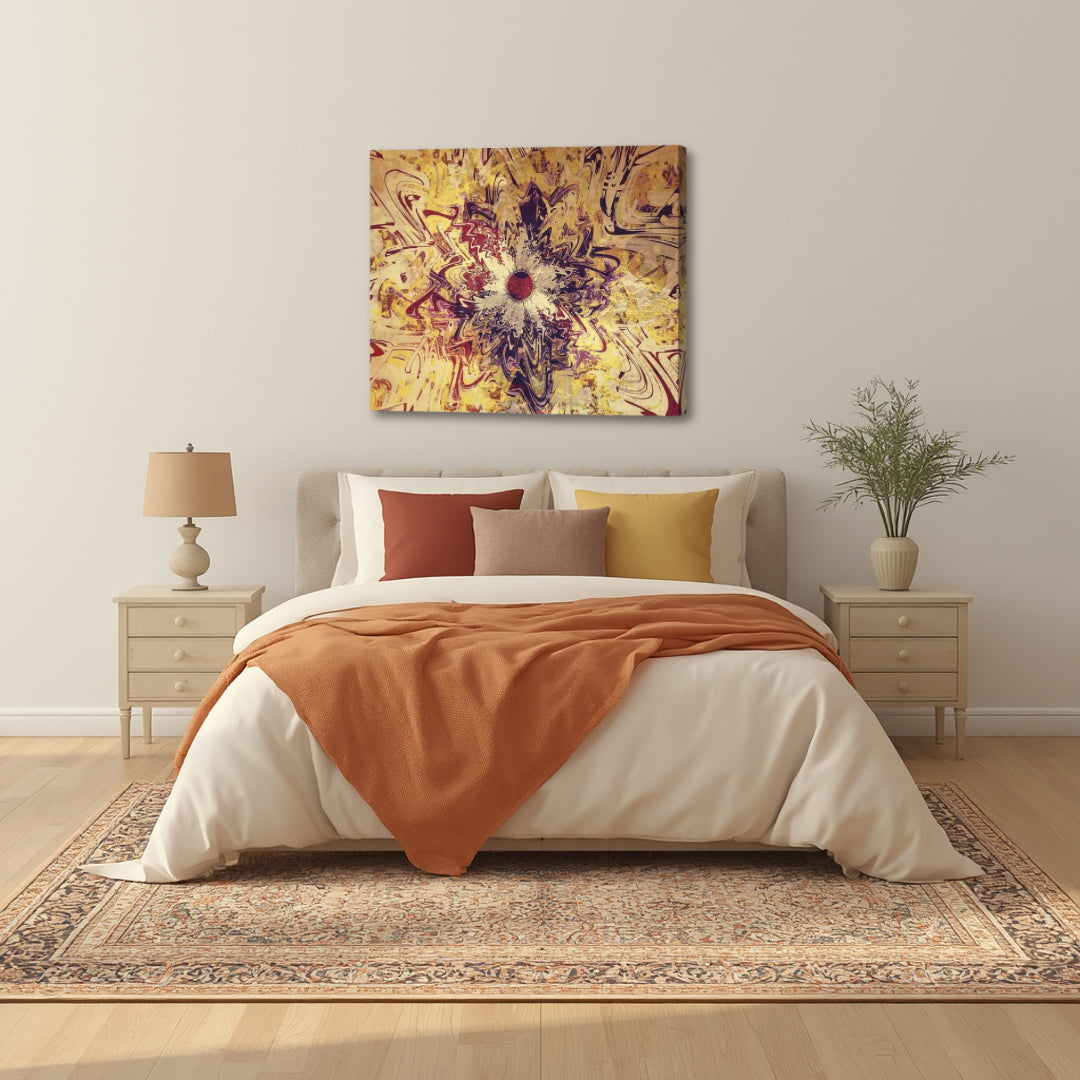 High Noon by Patrick Zion above a cozy bedroom, featuring luminous abstract fractal forms in warm golden tones symbolizing calm strength, balance, and inner warmth.