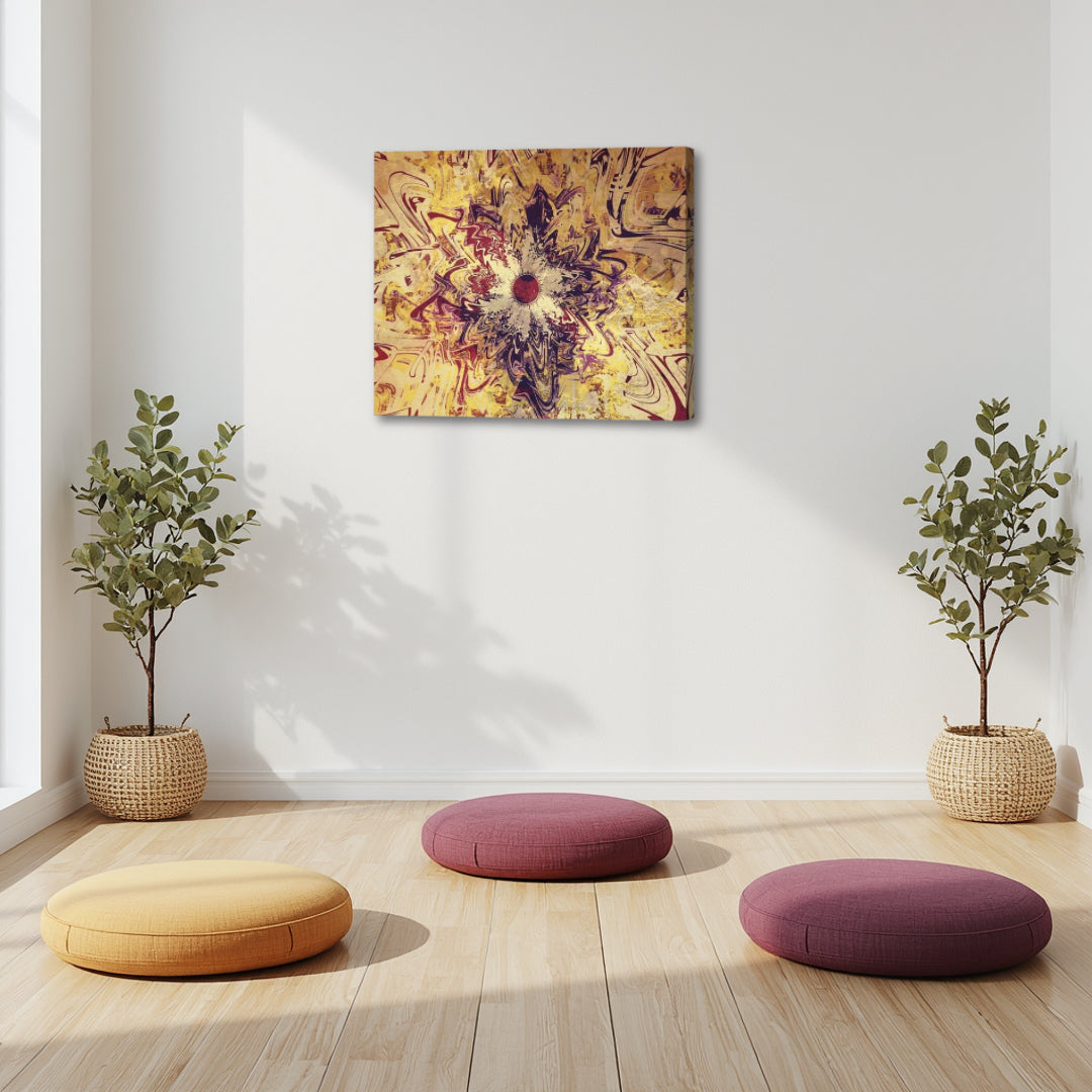 High Noon by Patrick Zion displayed in a serene meditation space, featuring radiant golden fractal patterns with a central focal point symbolizing clarity, presence, and peak awareness.