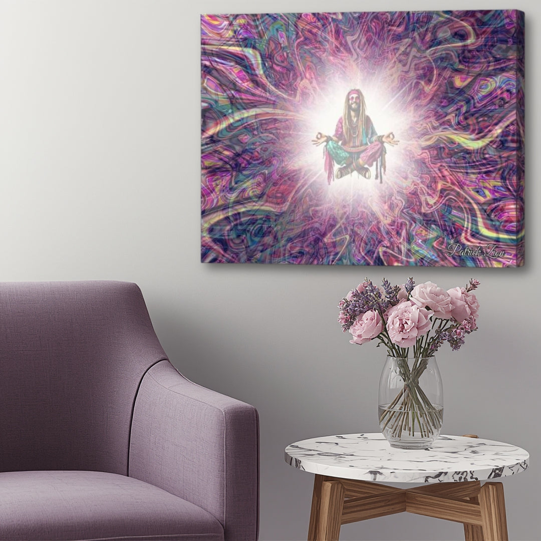 Hippie Bliss- bohemian spiritual canvas artwork by Patrick Zion displayed in chic contemporary interior, floating free-spirited figure radiating luminous colorful vibrations and dreamy cosmic mood.