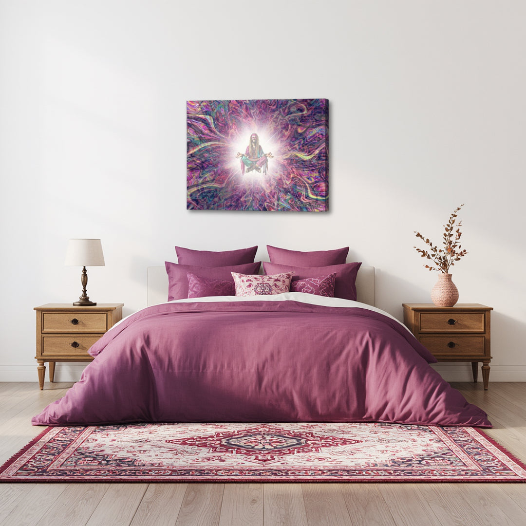 Hippie Bliss – calming spiritual canvas print by Patrick Zion placed above a neatly styled bed, illustrating a serene figure in meditation surrounded by colorful flowing textures that suggest harmony and stillness.