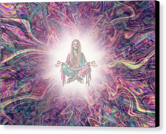 Hippie Bliss – psychedelic fractal canvas art by Patrick Zion, black edge version featuring a serene meditating figure radiating light and color, symbolizing spiritual freedom, inner peace, and cosmic harmony