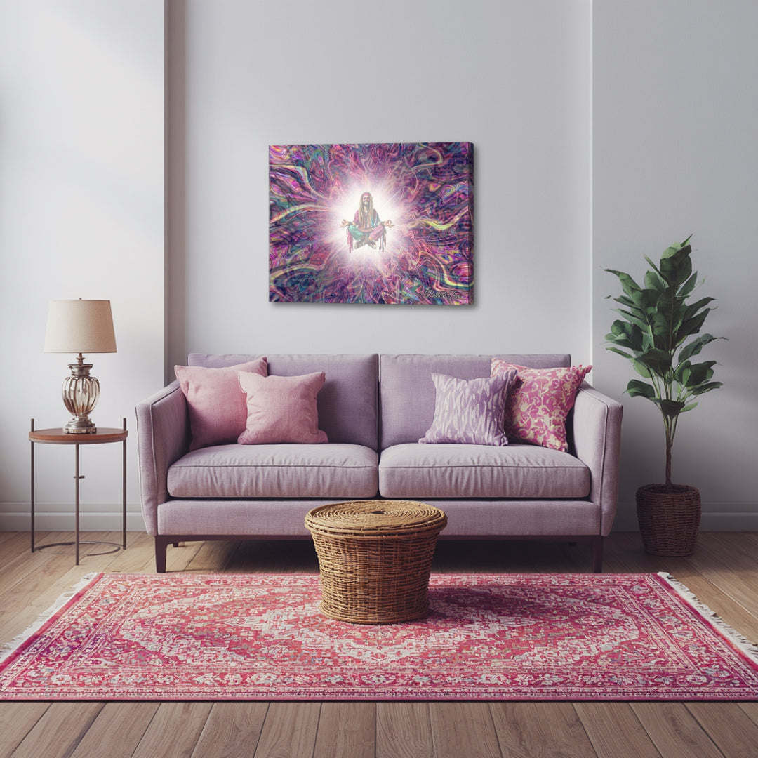 Hippie Bliss – dreamy abstract artwork by Patrick Zion showcased in a cozy living space, portraying a glowing meditator immersed in soft luminous patterns, adding a peaceful and introspective atmosphere.