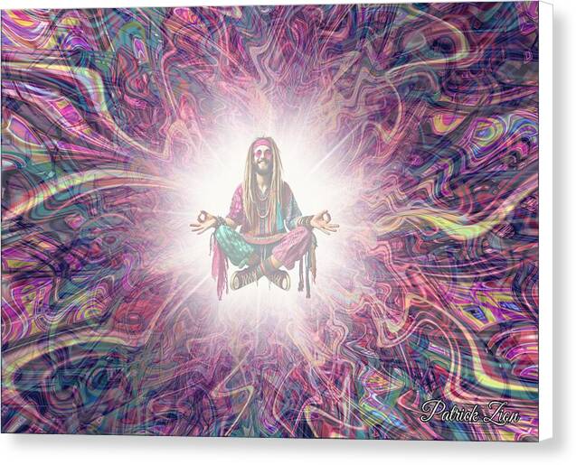 Hippie Bliss – visionary fractal meditation wall art by Patrick Zion, white edge version depicting a radiant guru figure surrounded by swirling pastel energy, expressing joy, peace, and higher consciousness.