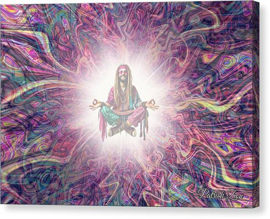 Hippie Bliss – abstract spiritual canvas print by Patrick Zion, mirrored edge version showing a glowing hippie meditator immersed in luminous fractal waves of color and light, representing transcendence and bliss.