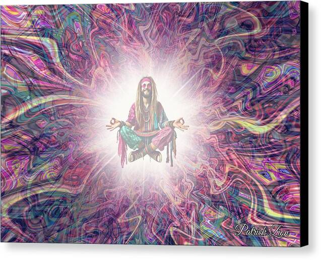 Hippie Bliss – psychedelic fractal canvas art by Patrick Zion, black edge version featuring a serene meditating figure radiating light and color, symbolizing spiritual freedom, inner peace, and cosmic harmony