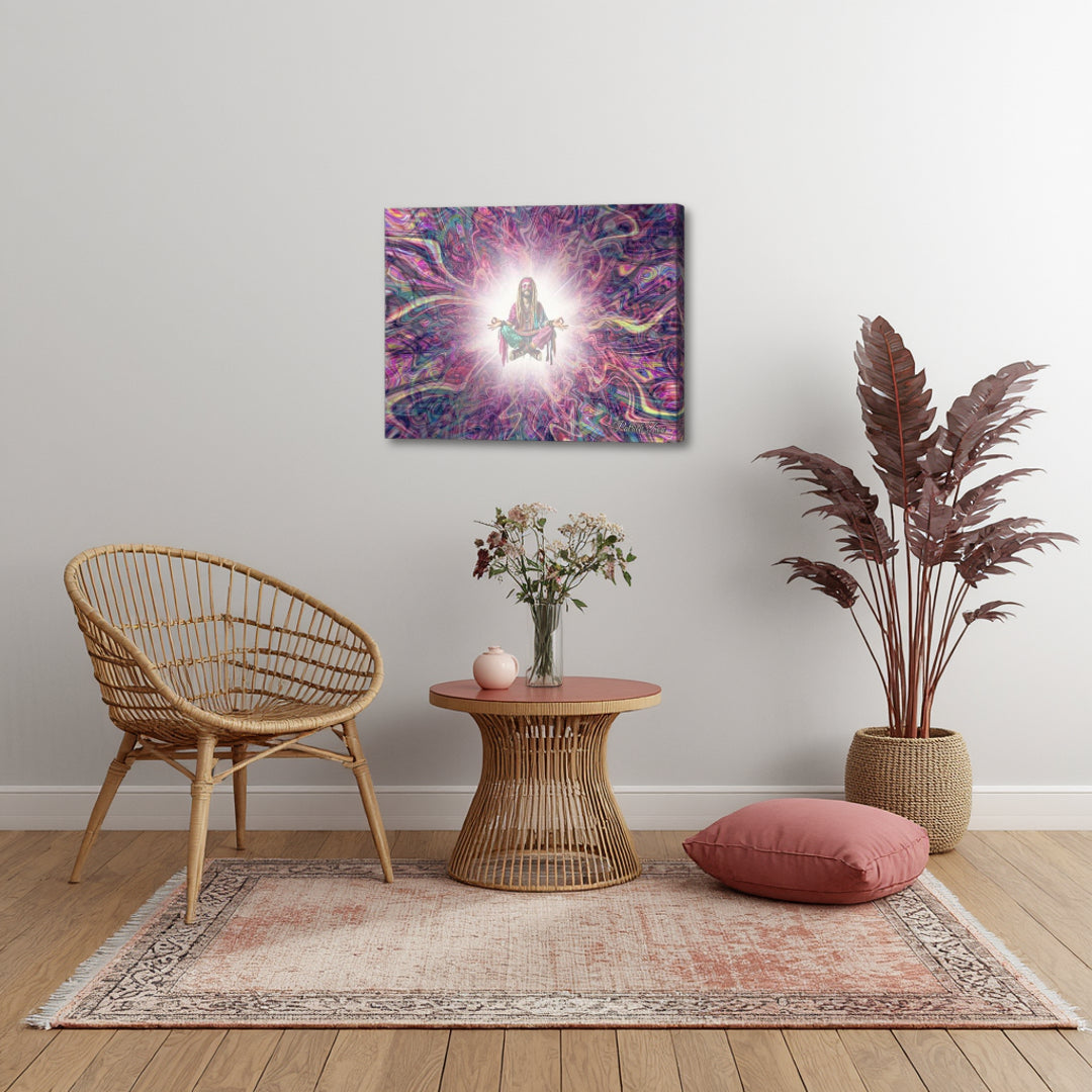 Hippie Bliss – spiritual fractal canvas art by Patrick Zion in a boho-style interior, featuring a radiant meditative figure surrounded by soft pink and purple fractal waves, symbolizing love, peace, and soulful harmony.